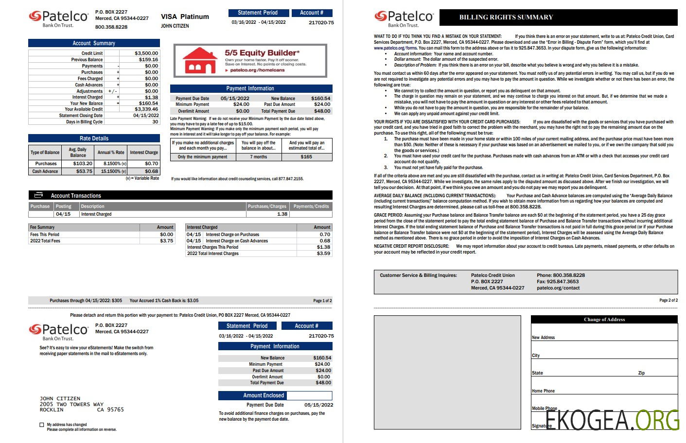 Relevé de carte bancaire USA Californie Patelco 2 pages